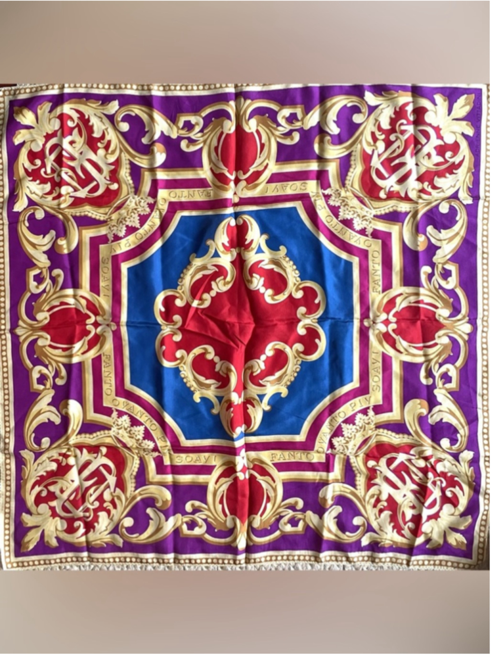 Vintage Italian Silk Scarf Baroque Tile Print Gold Red Blue Ornate Square